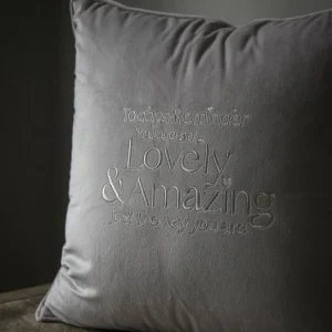 Kudde i sammet med text "You are so lovely & amazing"